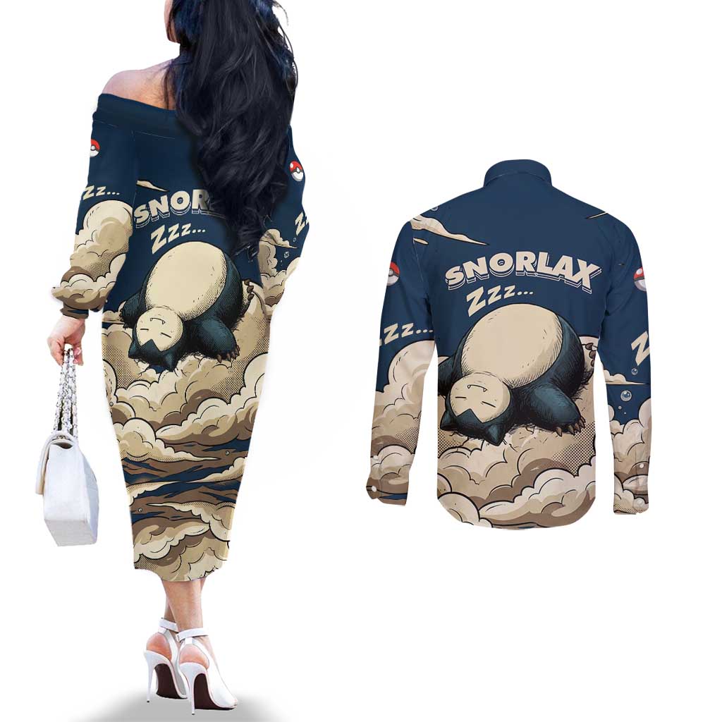 Snorlax Sleeping Cloud Couples Matching Off The Shoulder Long Sleeve Dress and Long Sleeve Button Shirt Snorlax Zzz... Peace in Every Puff of Sleep