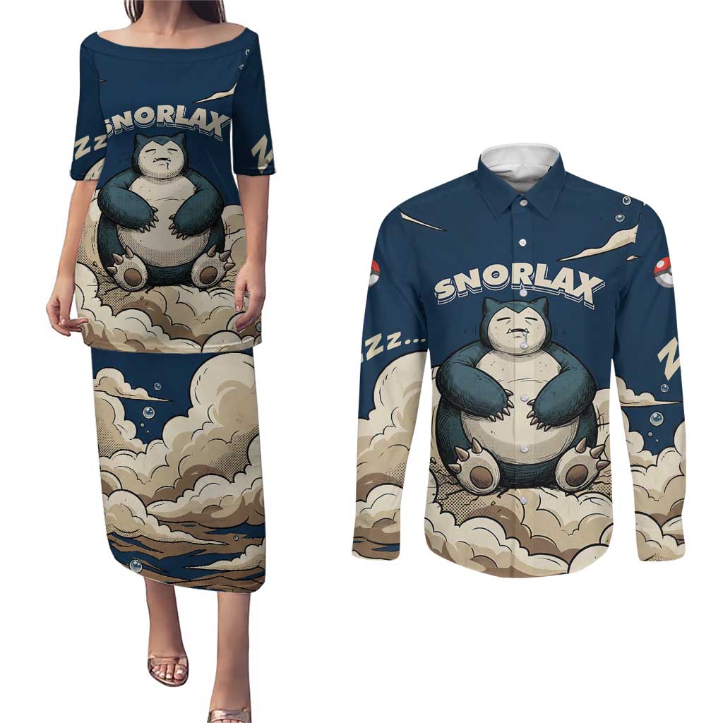 Snorlax Sleeping Cloud Couples Matching Puletasi and Long Sleeve Button Shirt Snorlax Zzz... Peace in Every Puff of Sleep