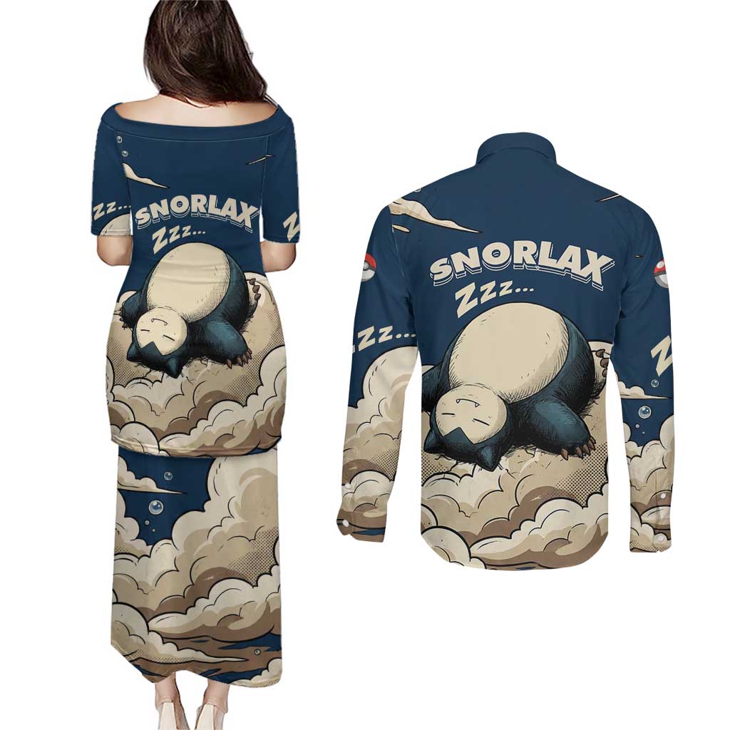Snorlax Sleeping Cloud Couples Matching Puletasi and Long Sleeve Button Shirt Snorlax Zzz... Peace in Every Puff of Sleep