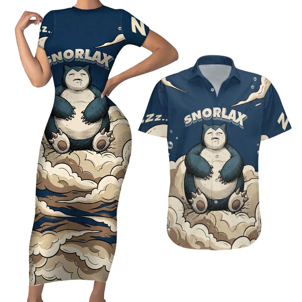 Snorlax Sleeping Cloud Couples Matching Short Sleeve Bodycon Dress and Hawaiian Shirt Snorlax Zzz... Peace in Every Puff of Sleep