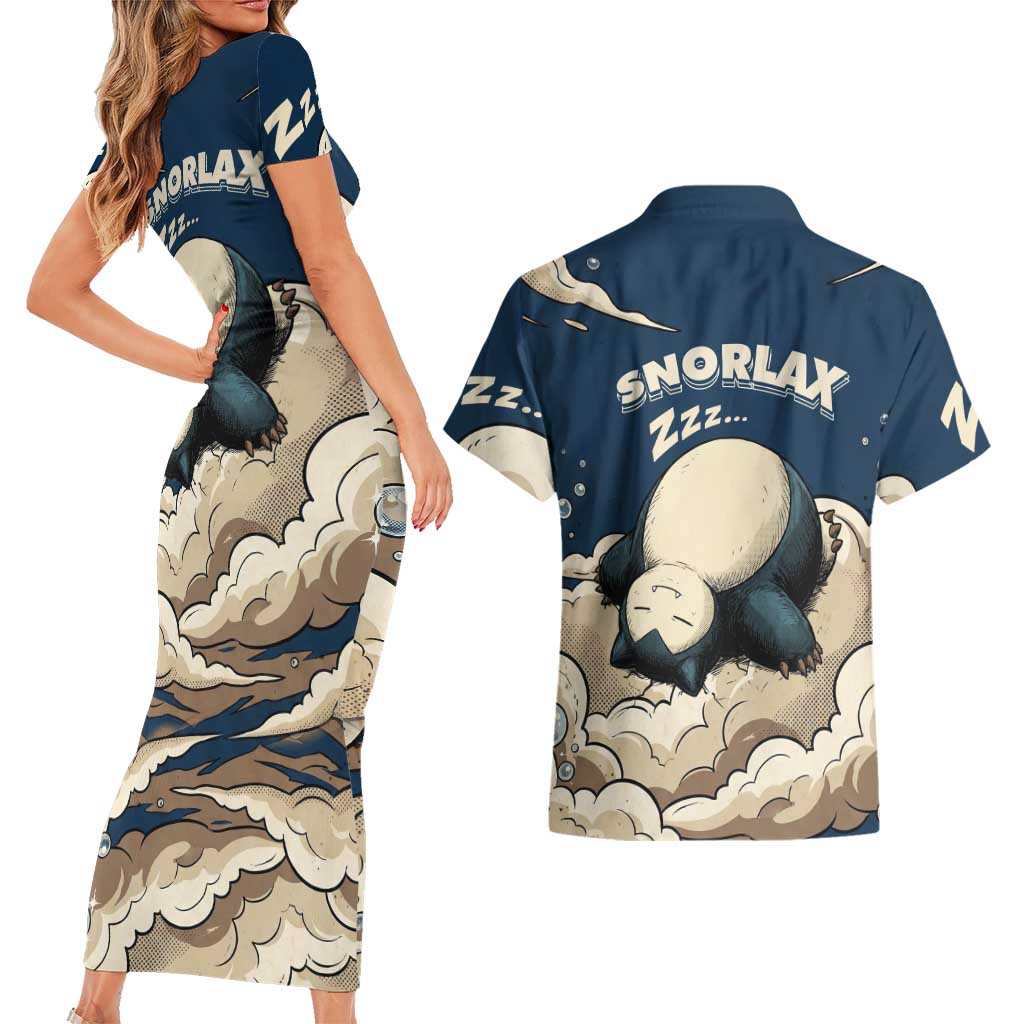 Snorlax Sleeping Cloud Couples Matching Short Sleeve Bodycon Dress and Hawaiian Shirt Snorlax Zzz... Peace in Every Puff of Sleep