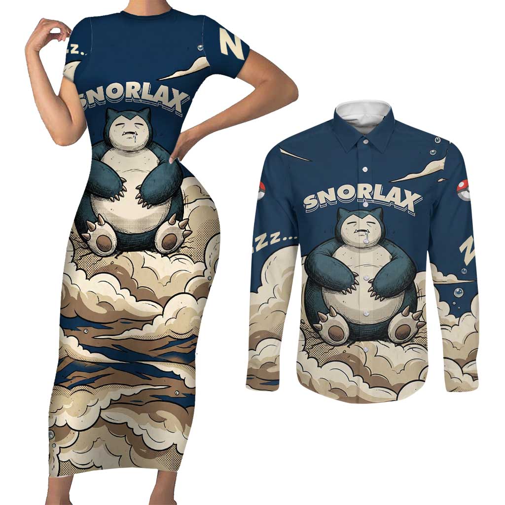 Snorlax Sleeping Cloud Couples Matching Short Sleeve Bodycon Dress and Long Sleeve Button Shirt Snorlax Zzz... Peace in Every Puff of Sleep