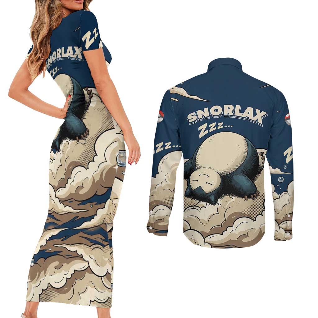 Snorlax Sleeping Cloud Couples Matching Short Sleeve Bodycon Dress and Long Sleeve Button Shirt Snorlax Zzz... Peace in Every Puff of Sleep