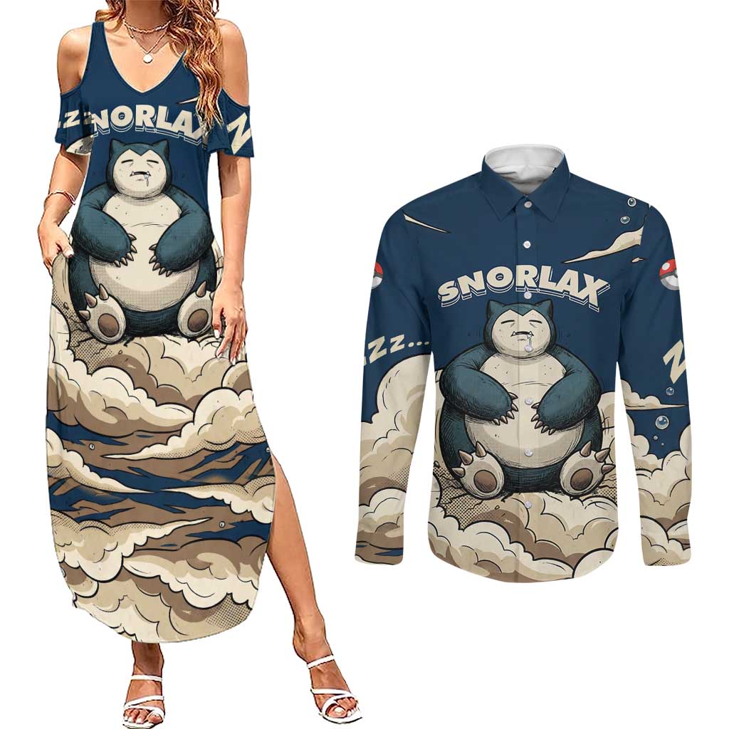 Snorlax Sleeping Cloud Couples Matching Summer Maxi Dress and Long Sleeve Button Shirt Snorlax Zzz... Peace in Every Puff of Sleep