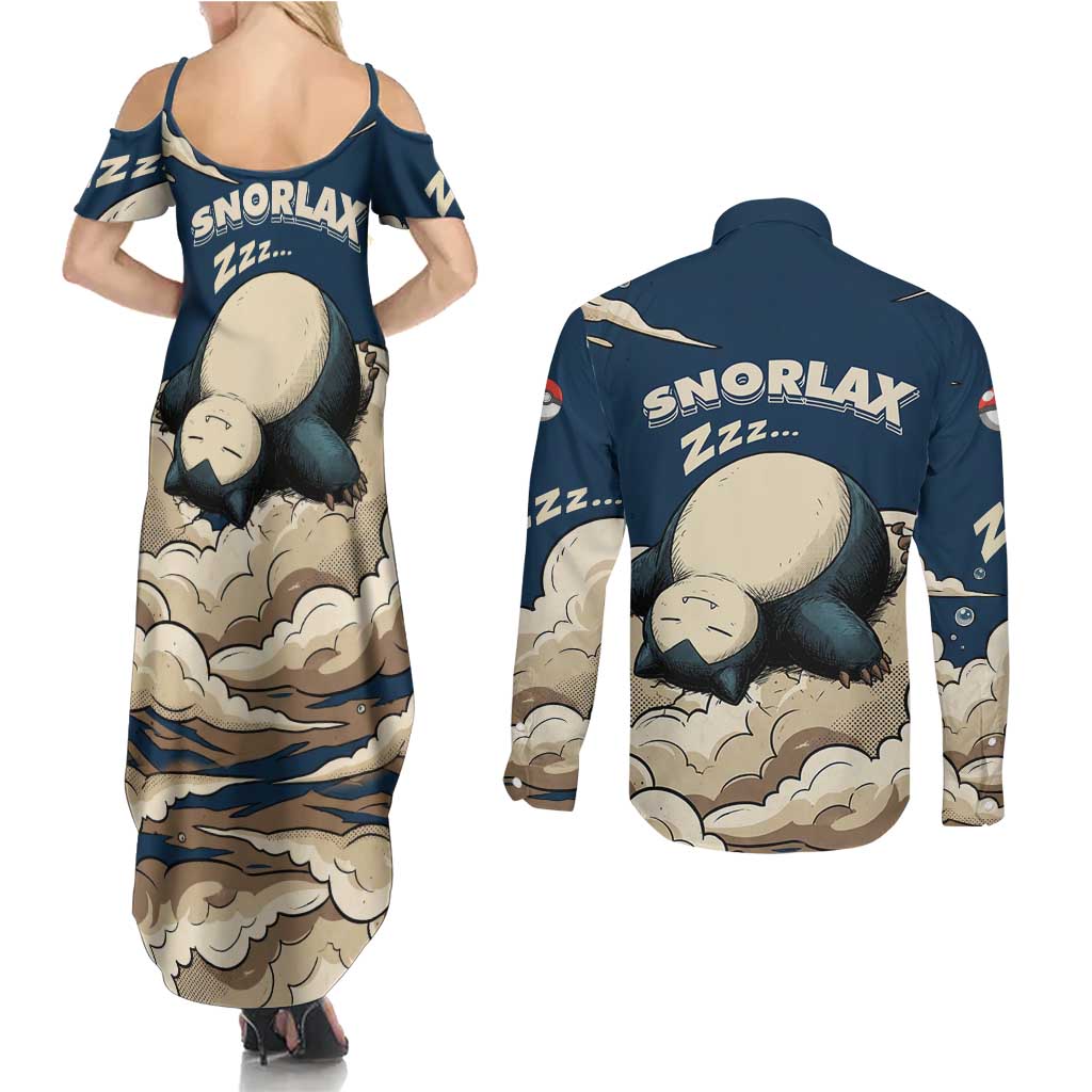 Snorlax Sleeping Cloud Couples Matching Summer Maxi Dress and Long Sleeve Button Shirt Snorlax Zzz... Peace in Every Puff of Sleep