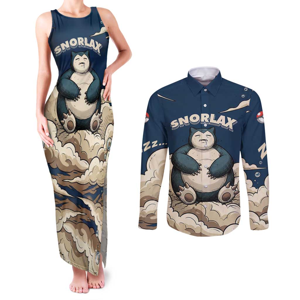 Snorlax Sleeping Cloud Couples Matching Tank Maxi Dress and Long Sleeve Button Shirt Snorlax Zzz... Peace in Every Puff of Sleep