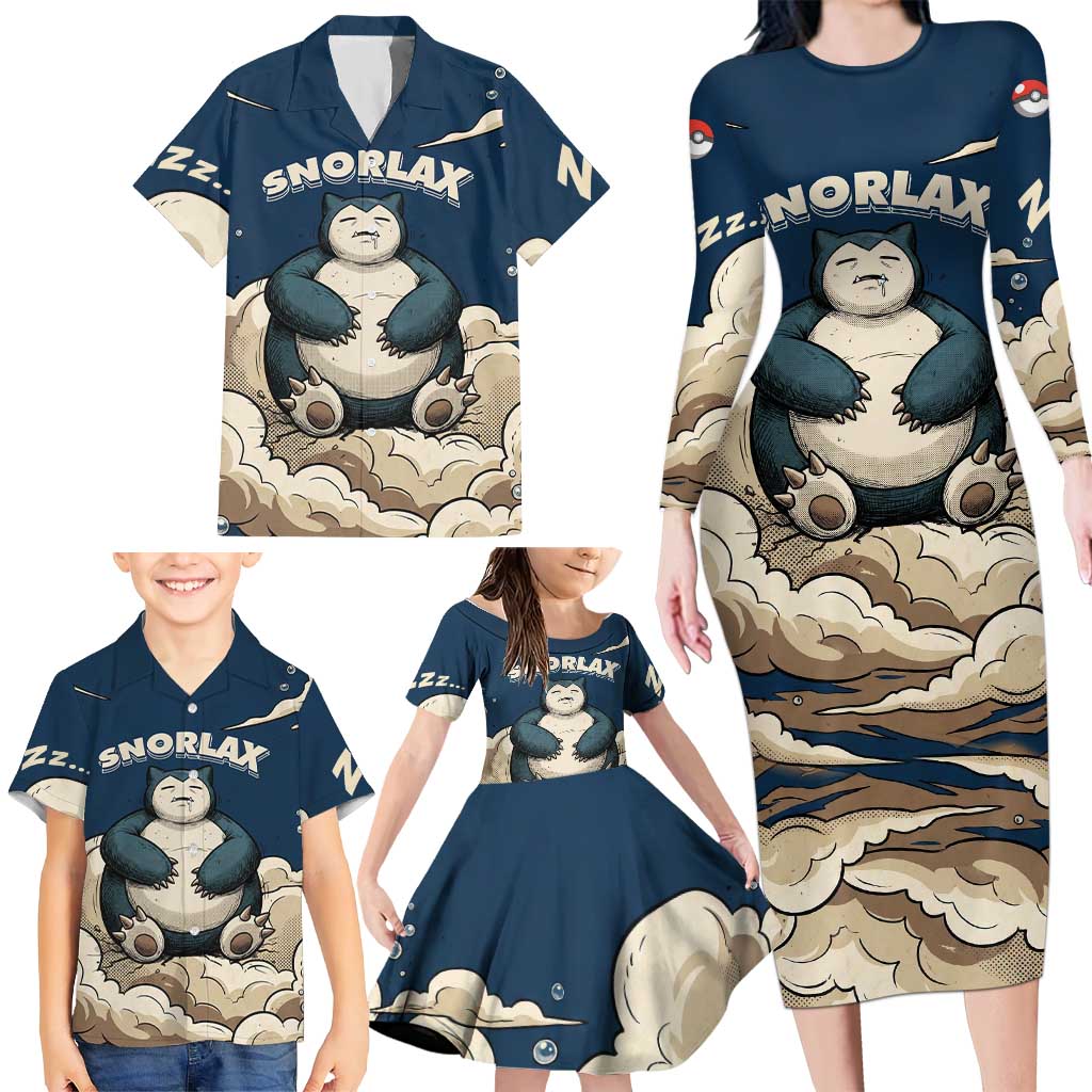 Snorlax Sleeping Cloud Family Matching Long Sleeve Bodycon Dress and Hawaiian Shirt Snorlax Zzz... Peace in Every Puff of Sleep