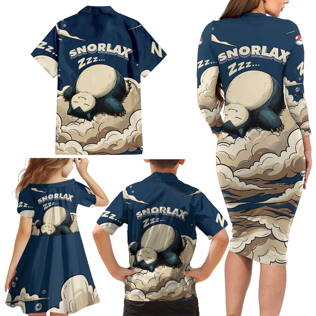Snorlax Sleeping Cloud Family Matching Long Sleeve Bodycon Dress and Hawaiian Shirt Snorlax Zzz... Peace in Every Puff of Sleep