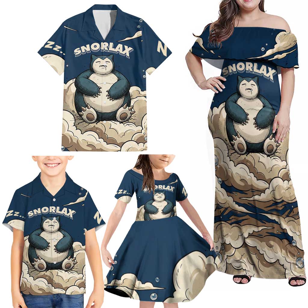 Snorlax Sleeping Cloud Family Matching Off Shoulder Maxi Dress and Hawaiian Shirt Snorlax Zzz... Peace in Every Puff of Sleep