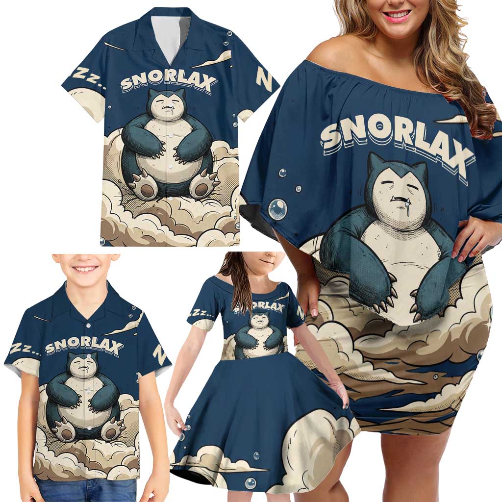 Snorlax Sleeping Cloud Family Matching Off Shoulder Short Dress and Hawaiian Shirt Snorlax Zzz... Peace in Every Puff of Sleep