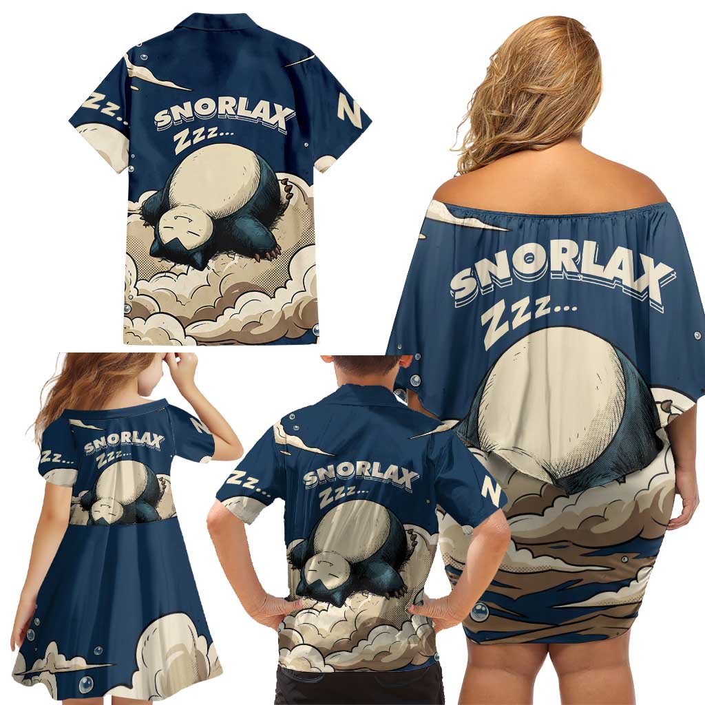 Snorlax Sleeping Cloud Family Matching Off Shoulder Short Dress and Hawaiian Shirt Snorlax Zzz... Peace in Every Puff of Sleep