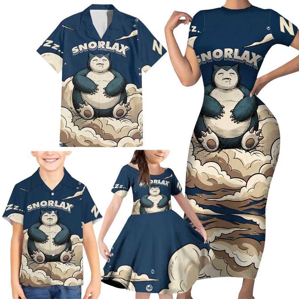Snorlax Sleeping Cloud Family Matching Short Sleeve Bodycon Dress and Hawaiian Shirt Snorlax Zzz... Peace in Every Puff of Sleep