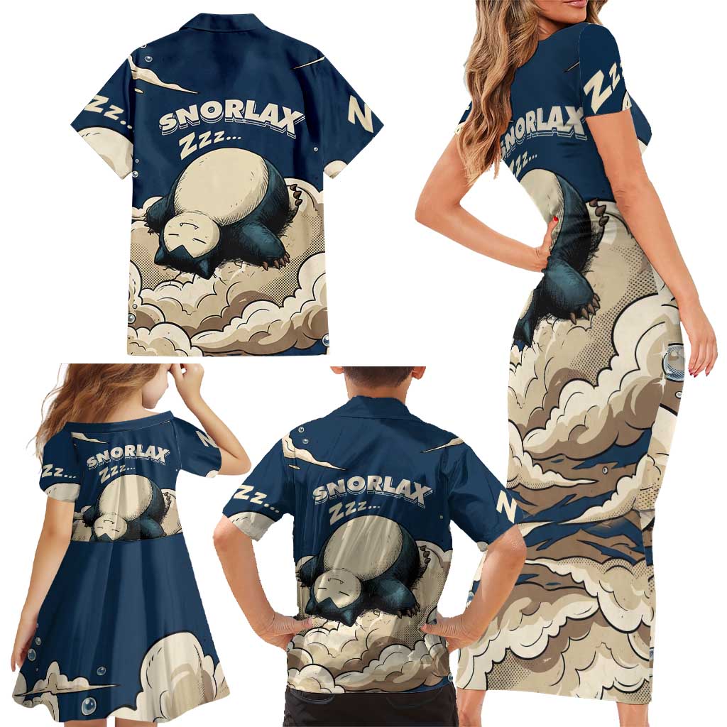 Snorlax Sleeping Cloud Family Matching Short Sleeve Bodycon Dress and Hawaiian Shirt Snorlax Zzz... Peace in Every Puff of Sleep