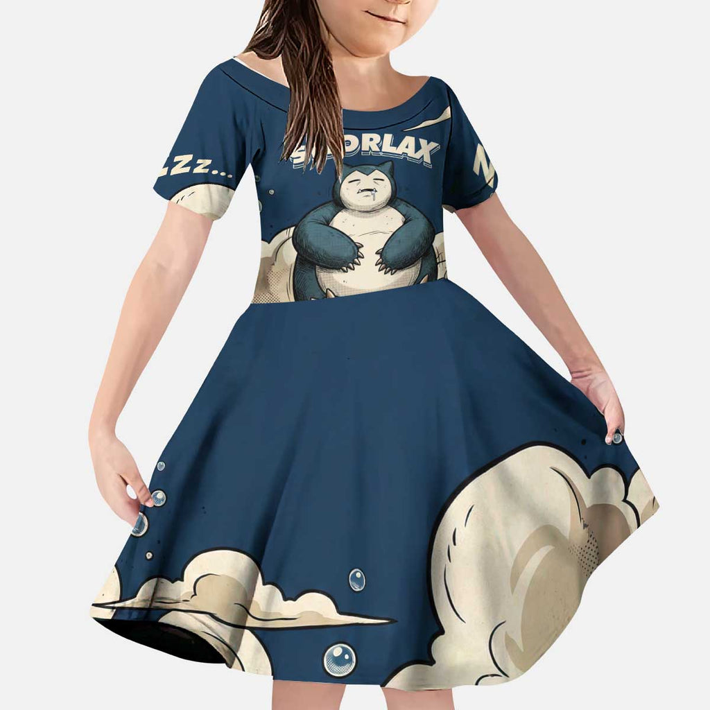 Snorlax Sleeping Cloud Kid Short Sleeve Dress Snorlax Zzz... Peace in Every Puff of Sleep