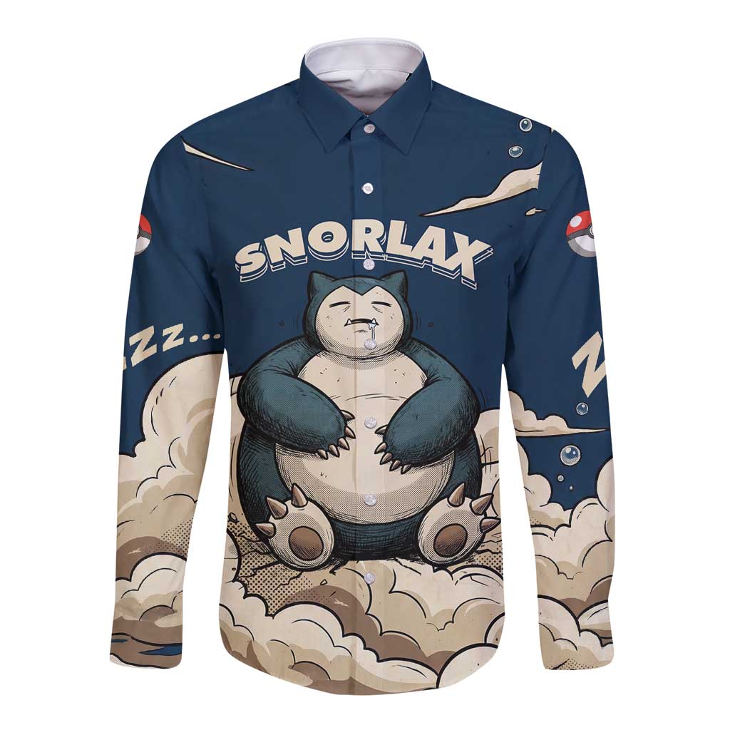 Snorlax Sleeping Cloud Long Sleeve Button Shirt Snorlax Zzz... Peace in Every Puff of Sleep