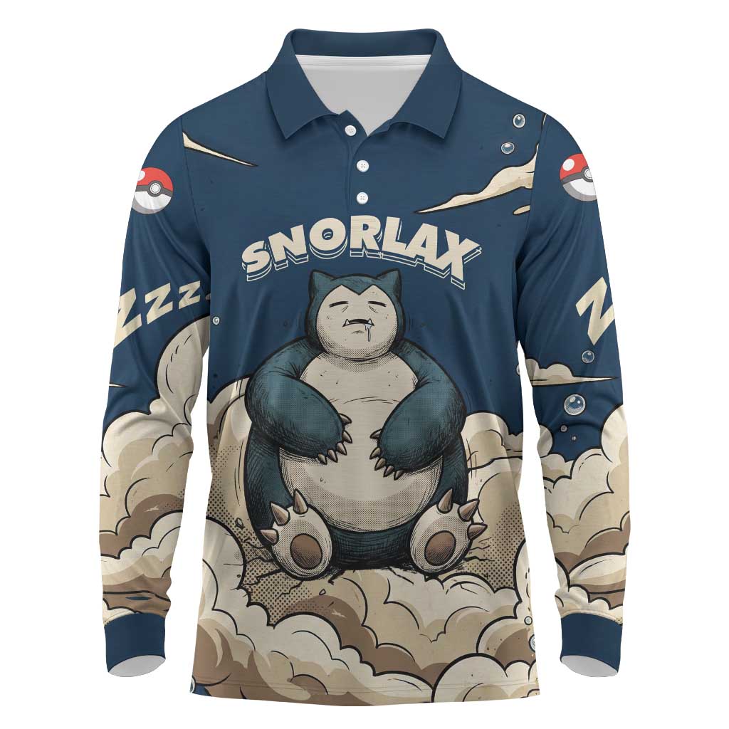 Snorlax Sleeping Cloud Long Sleeve Polo Shirt Snorlax Zzz... Peace in Every Puff of Sleep
