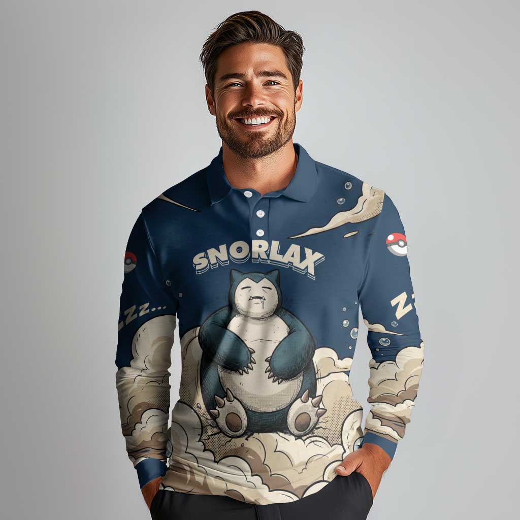 Snorlax Sleeping Cloud Long Sleeve Polo Shirt Snorlax Zzz... Peace in Every Puff of Sleep