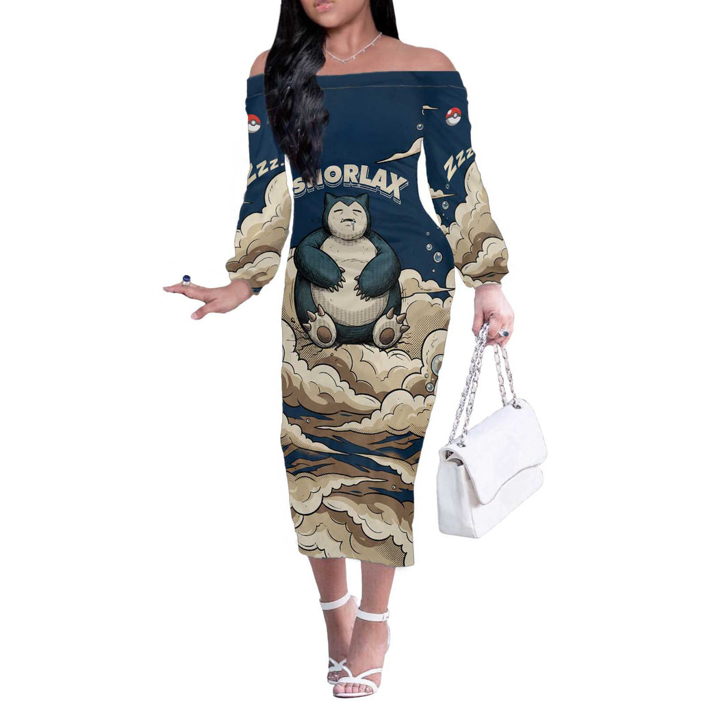 Snorlax Sleeping Cloud Off The Shoulder Long Sleeve Dress Snorlax Zzz... Peace in Every Puff of Sleep