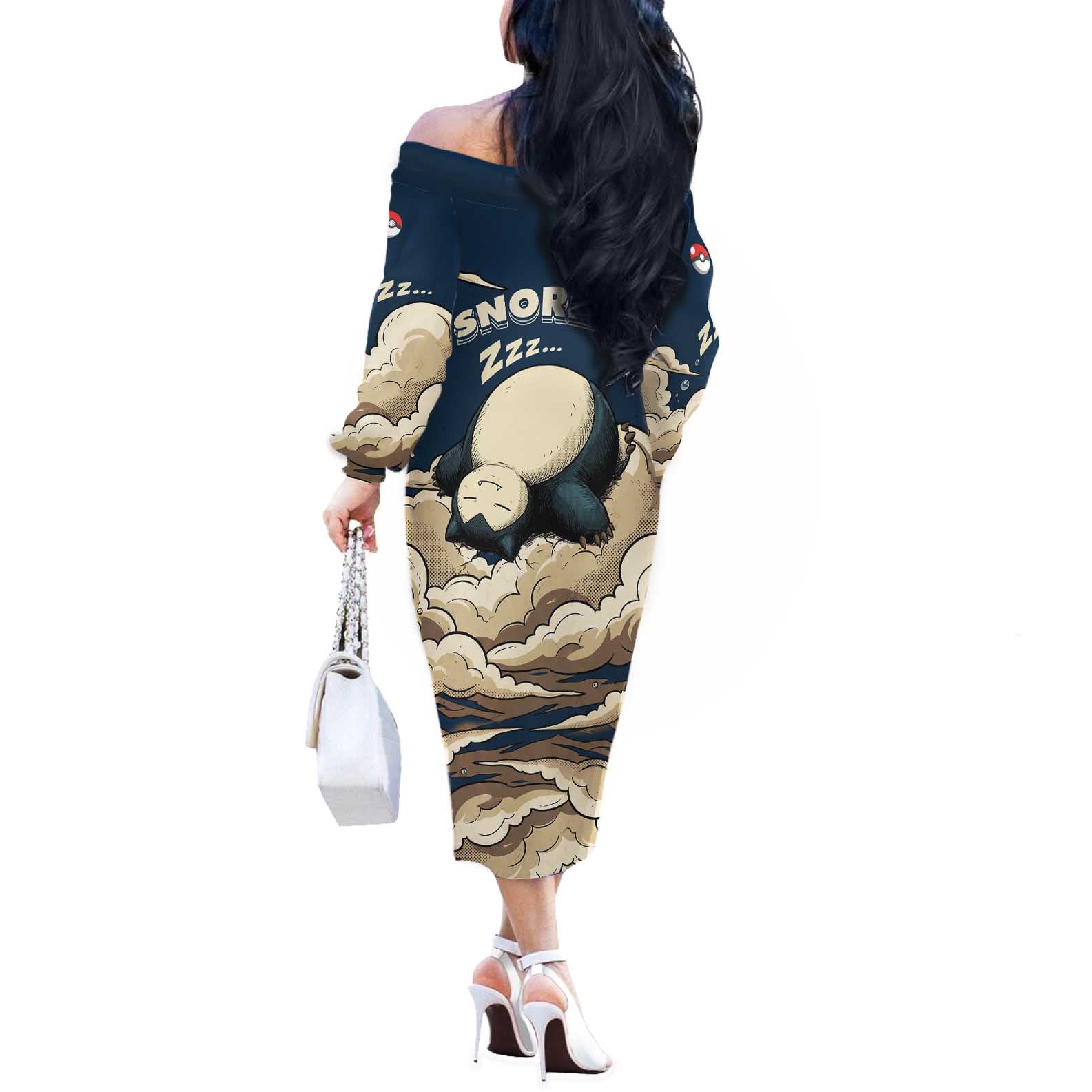 Snorlax Sleeping Cloud Off The Shoulder Long Sleeve Dress Snorlax Zzz... Peace in Every Puff of Sleep