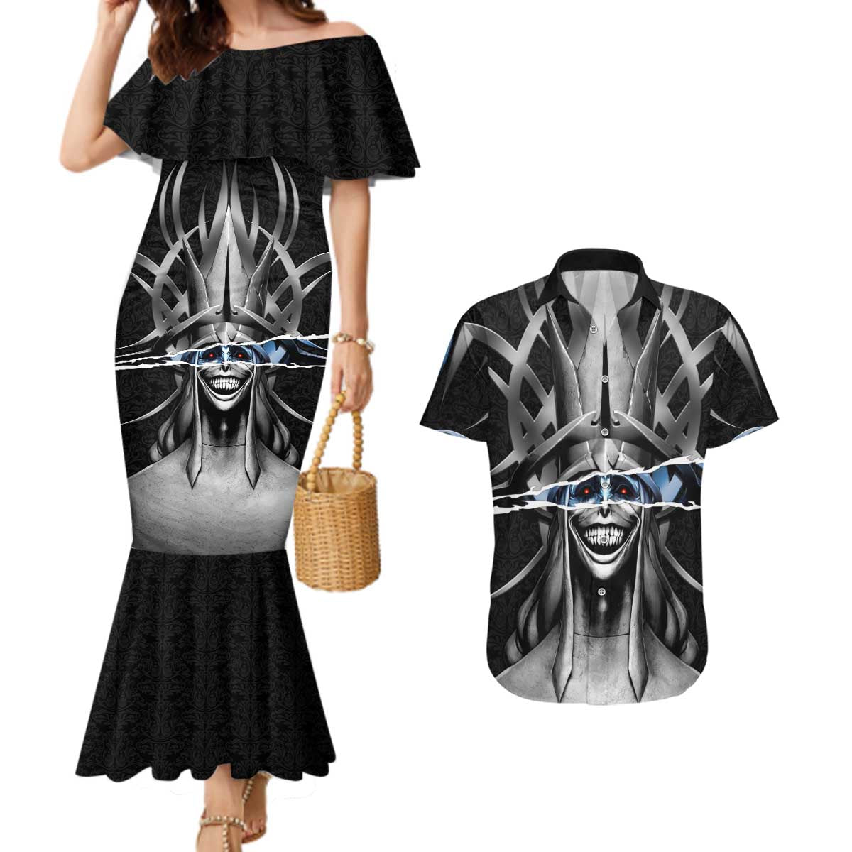 Statue of God Solo Leveling Couples Matching Mermaid Dress and Hawaiian Shirt Dark Surreal Gothic Style
