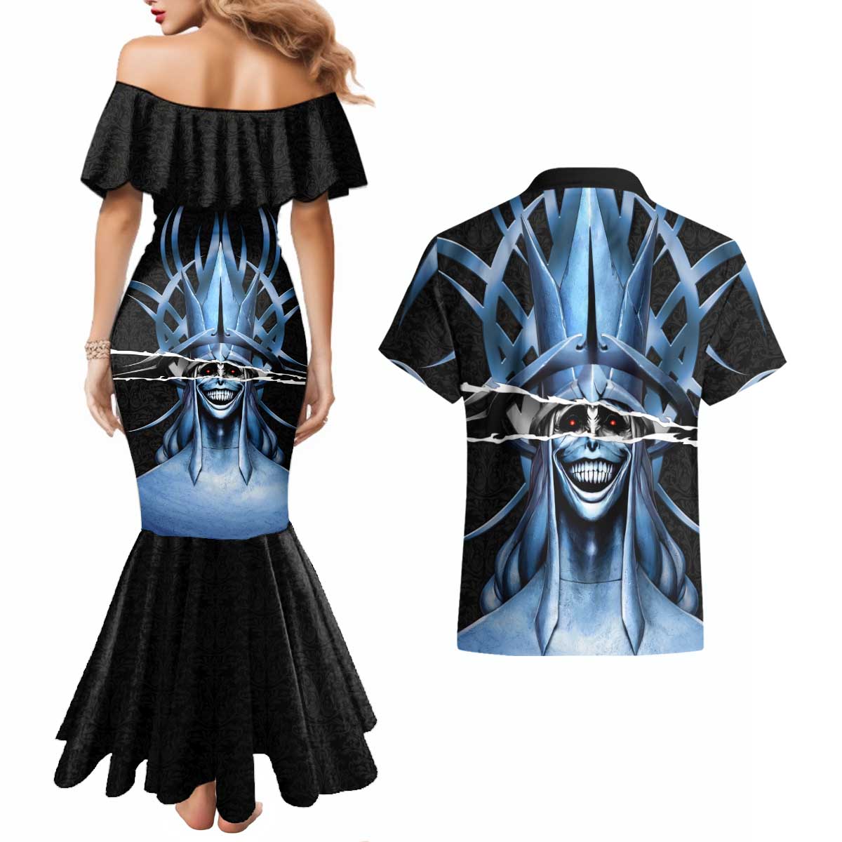 Statue of God Solo Leveling Couples Matching Mermaid Dress and Hawaiian Shirt Dark Surreal Gothic Style