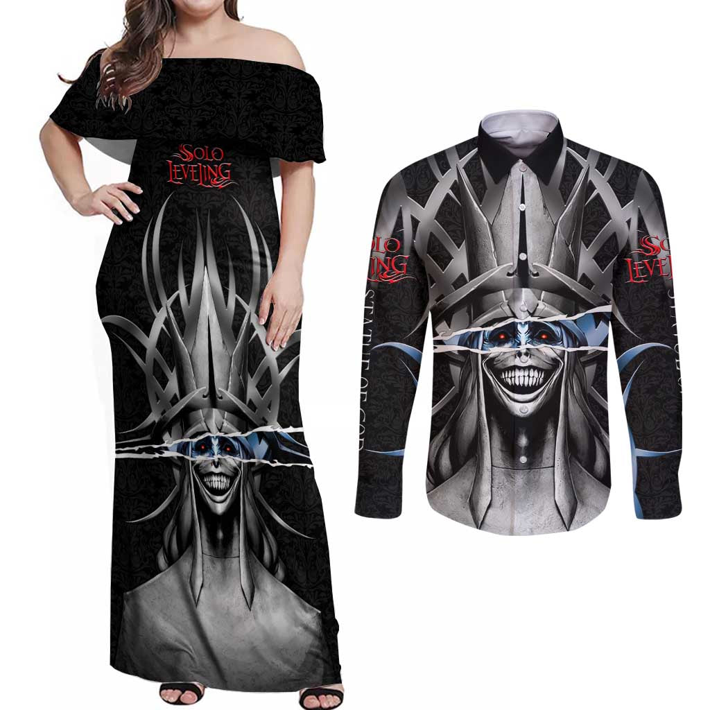 Statue of God Solo Leveling Couples Matching Off Shoulder Maxi Dress and Long Sleeve Button Shirt Dark Surreal Gothic Style