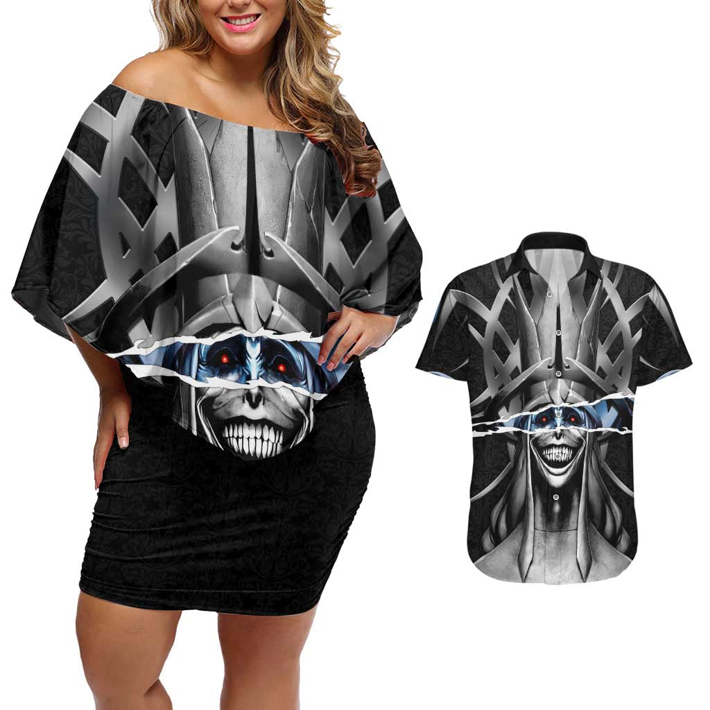 Statue of God Solo Leveling Couples Matching Off Shoulder Short Dress and Hawaiian Shirt Dark Surreal Gothic Style