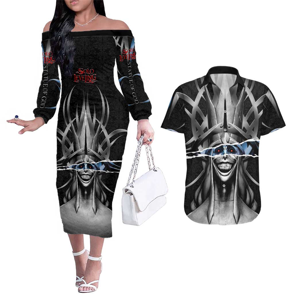 Statue of God Solo Leveling Couples Matching Off The Shoulder Long Sleeve Dress and Hawaiian Shirt Dark Surreal Gothic Style
