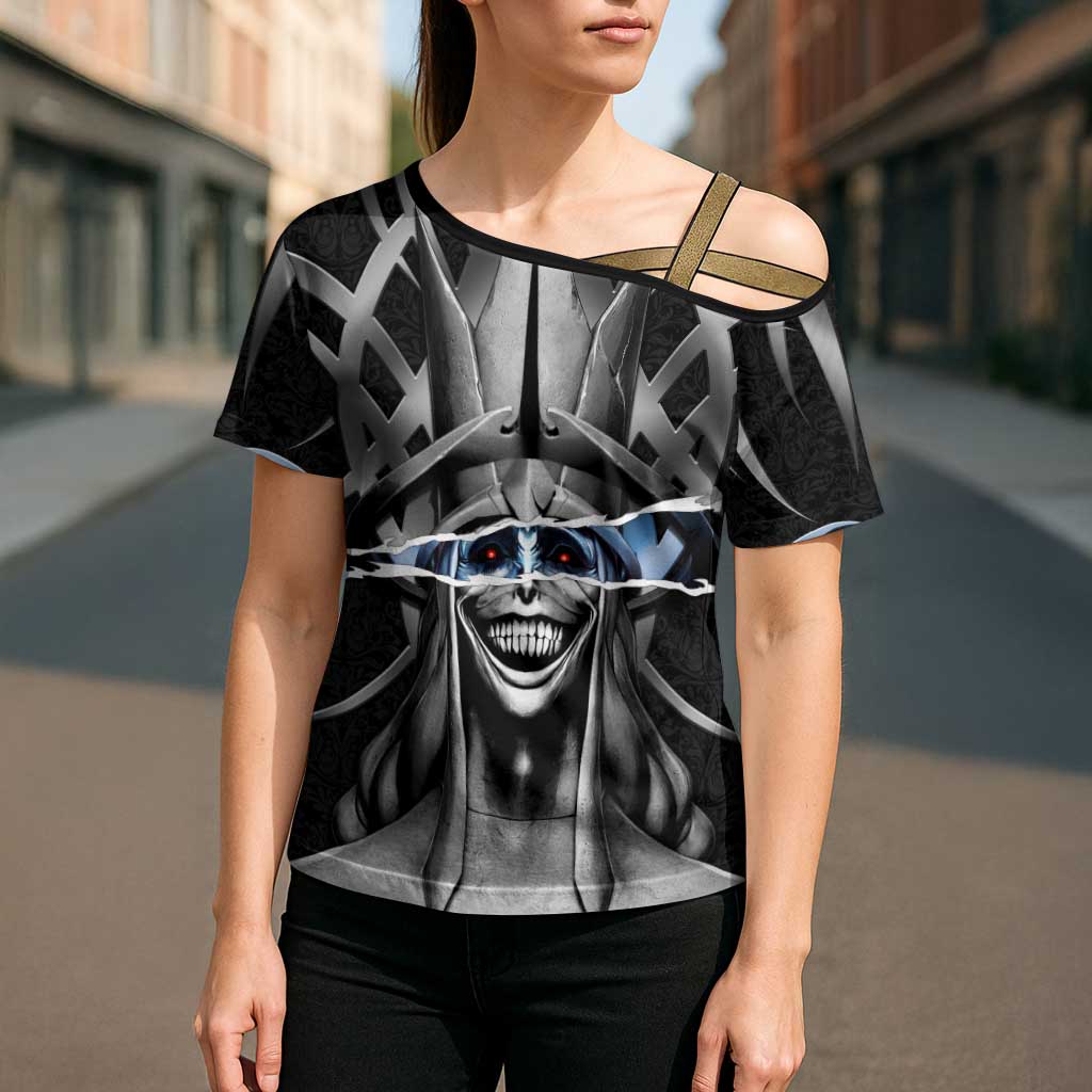 Statue of God Solo Leveling Cross Shoulder Shirt Dark Surreal Gothic Style