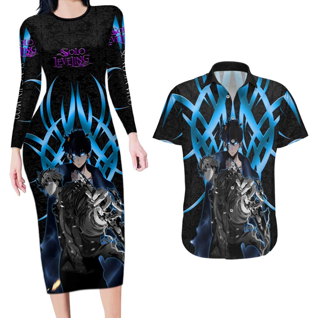 Sung Jin Woo Solo Leveling Couples Matching Long Sleeve Bodycon Dress and Hawaiian Shirt Neon Shadowcore Anime Style