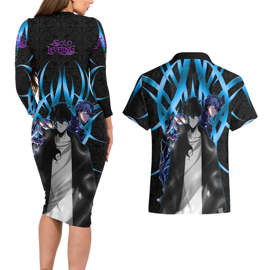 Sung Jin Woo Solo Leveling Couples Matching Long Sleeve Bodycon Dress and Hawaiian Shirt Neon Shadowcore Anime Style