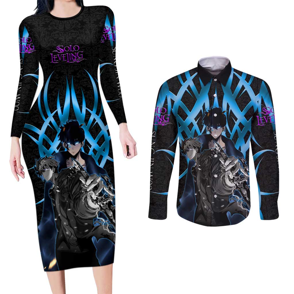 Sung Jin Woo Solo Leveling Couples Matching Long Sleeve Bodycon Dress and Long Sleeve Button Shirt Neon Shadowcore Anime Style