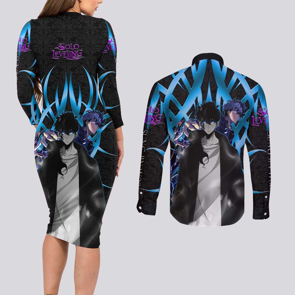 Sung Jin Woo Solo Leveling Couples Matching Long Sleeve Bodycon Dress and Long Sleeve Button Shirt Neon Shadowcore Anime Style