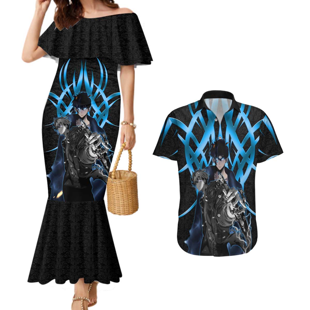 Sung Jin Woo Solo Leveling Couples Matching Mermaid Dress and Hawaiian Shirt Neon Shadowcore Anime Style