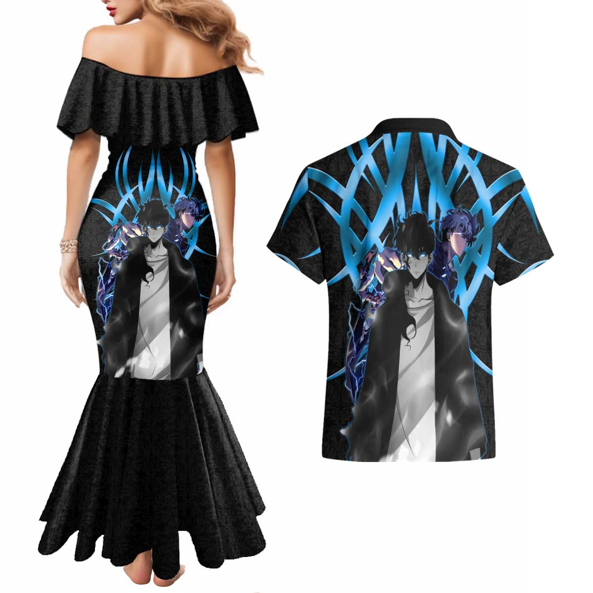 Sung Jin Woo Solo Leveling Couples Matching Mermaid Dress and Hawaiian Shirt Neon Shadowcore Anime Style