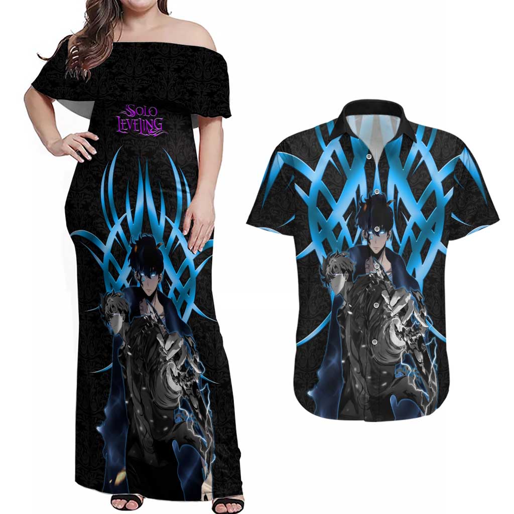 Sung Jin Woo Solo Leveling Couples Matching Off Shoulder Maxi Dress and Hawaiian Shirt Neon Shadowcore Anime Style