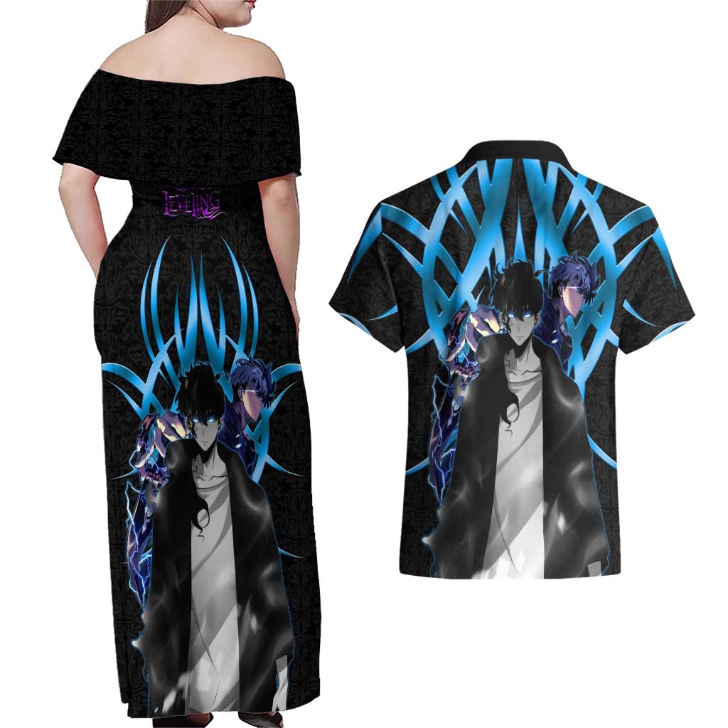 Sung Jin Woo Solo Leveling Couples Matching Off Shoulder Maxi Dress and Hawaiian Shirt Neon Shadowcore Anime Style