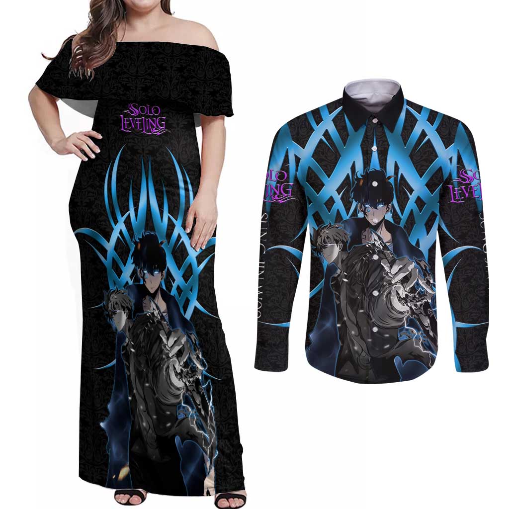 Sung Jin Woo Solo Leveling Couples Matching Off Shoulder Maxi Dress and Long Sleeve Button Shirt Neon Shadowcore Anime Style