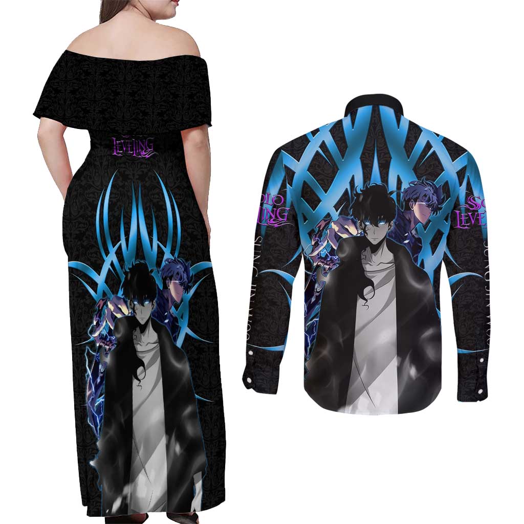 Sung Jin Woo Solo Leveling Couples Matching Off Shoulder Maxi Dress and Long Sleeve Button Shirt Neon Shadowcore Anime Style