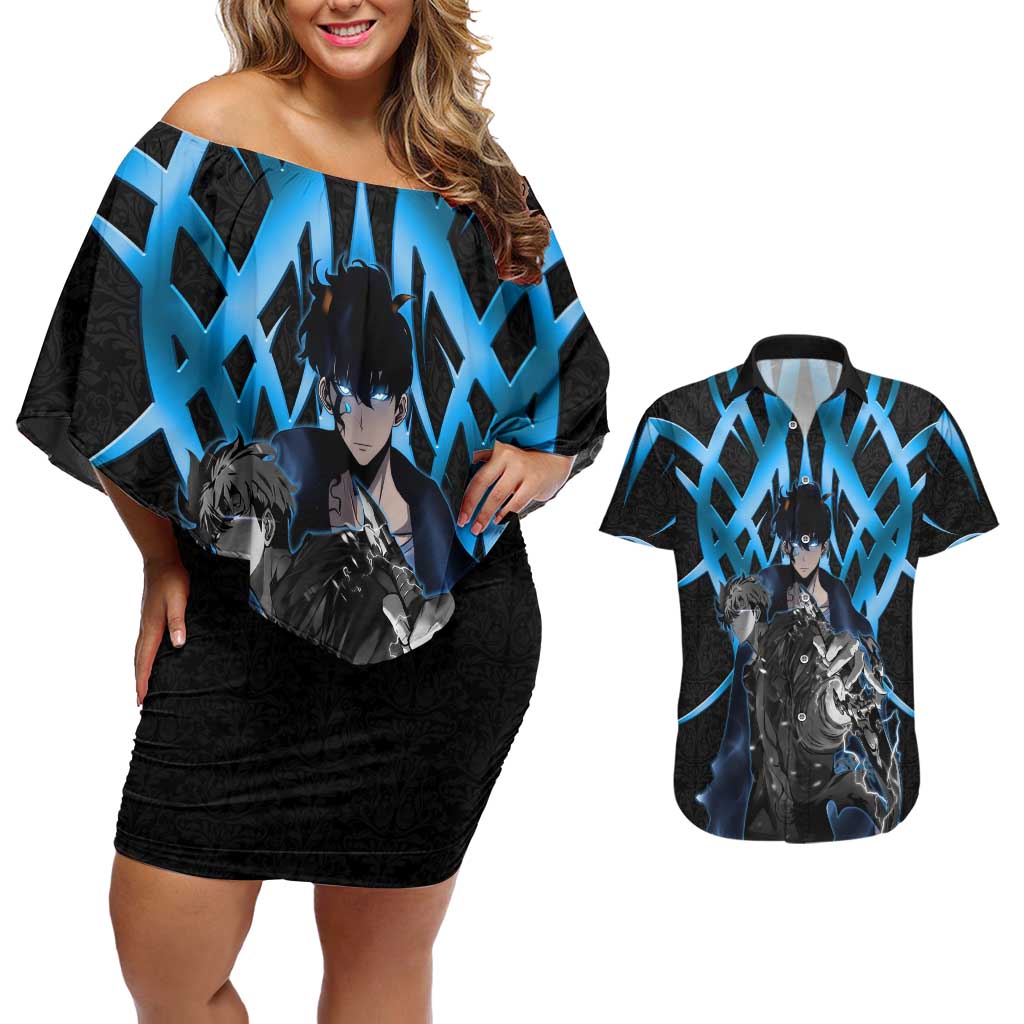 Sung Jin Woo Solo Leveling Couples Matching Off Shoulder Short Dress and Hawaiian Shirt Neon Shadowcore Anime Style