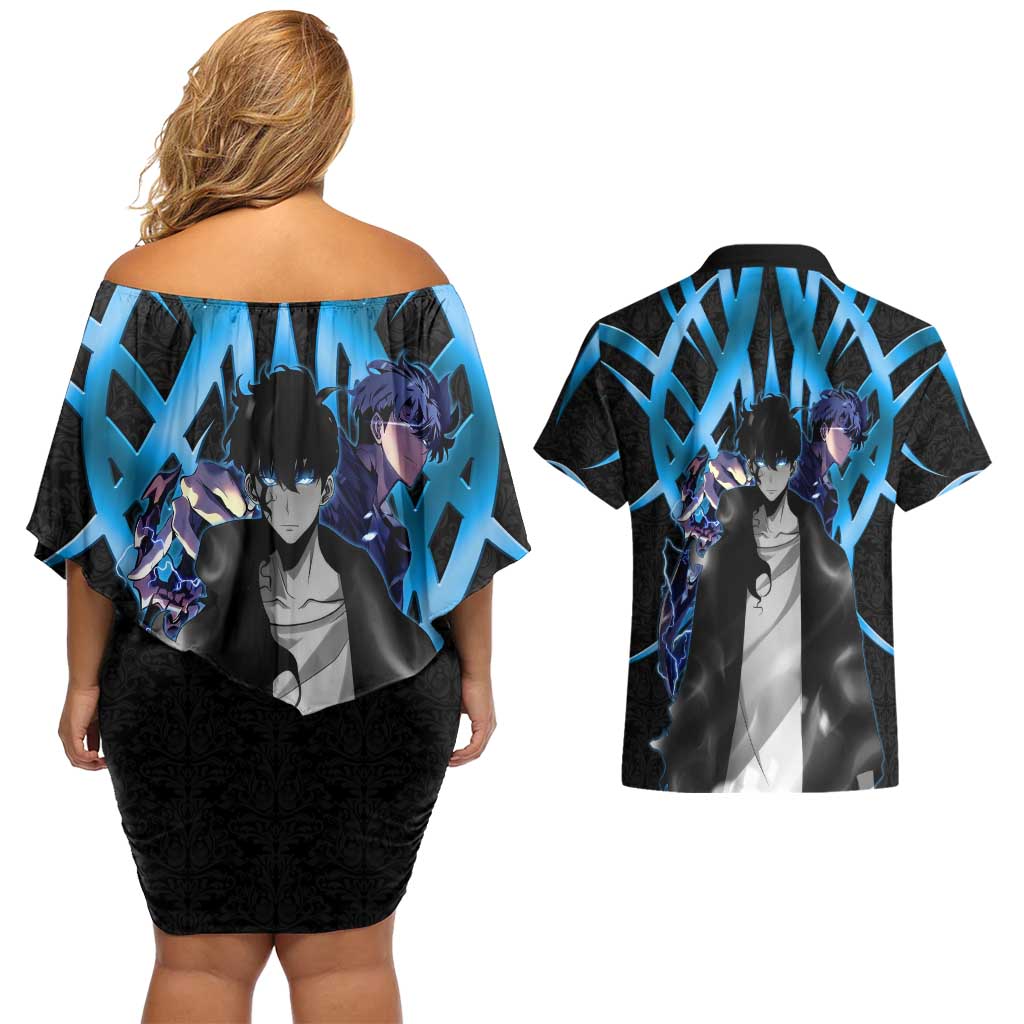 Sung Jin Woo Solo Leveling Couples Matching Off Shoulder Short Dress and Hawaiian Shirt Neon Shadowcore Anime Style