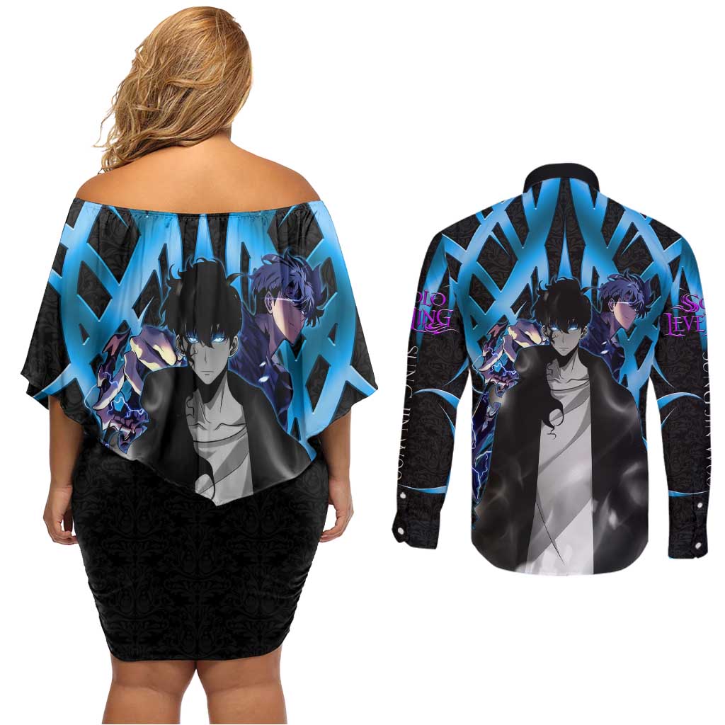 Sung Jin Woo Solo Leveling Couples Matching Off Shoulder Short Dress and Long Sleeve Button Shirt Neon Shadowcore Anime Style