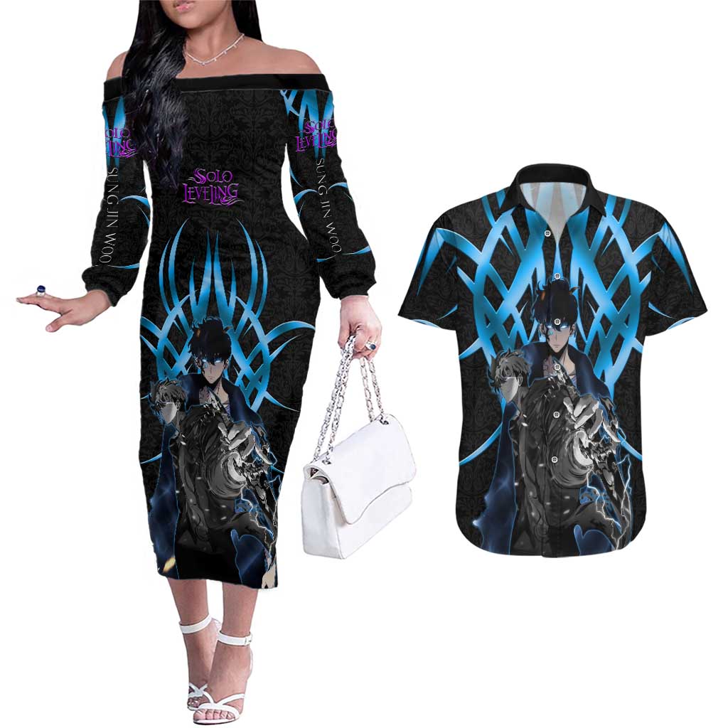 Sung Jin Woo Solo Leveling Couples Matching Off The Shoulder Long Sleeve Dress and Hawaiian Shirt Neon Shadowcore Anime Style