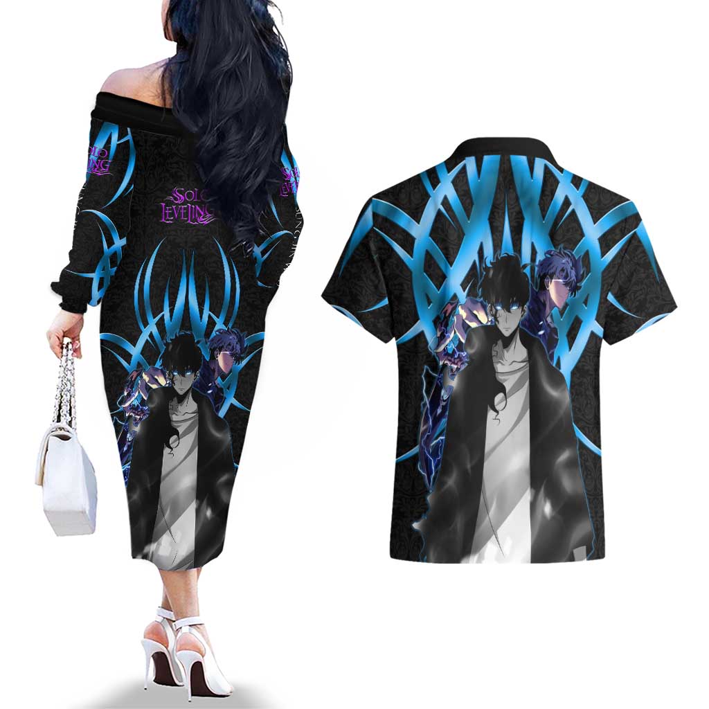Sung Jin Woo Solo Leveling Couples Matching Off The Shoulder Long Sleeve Dress and Hawaiian Shirt Neon Shadowcore Anime Style