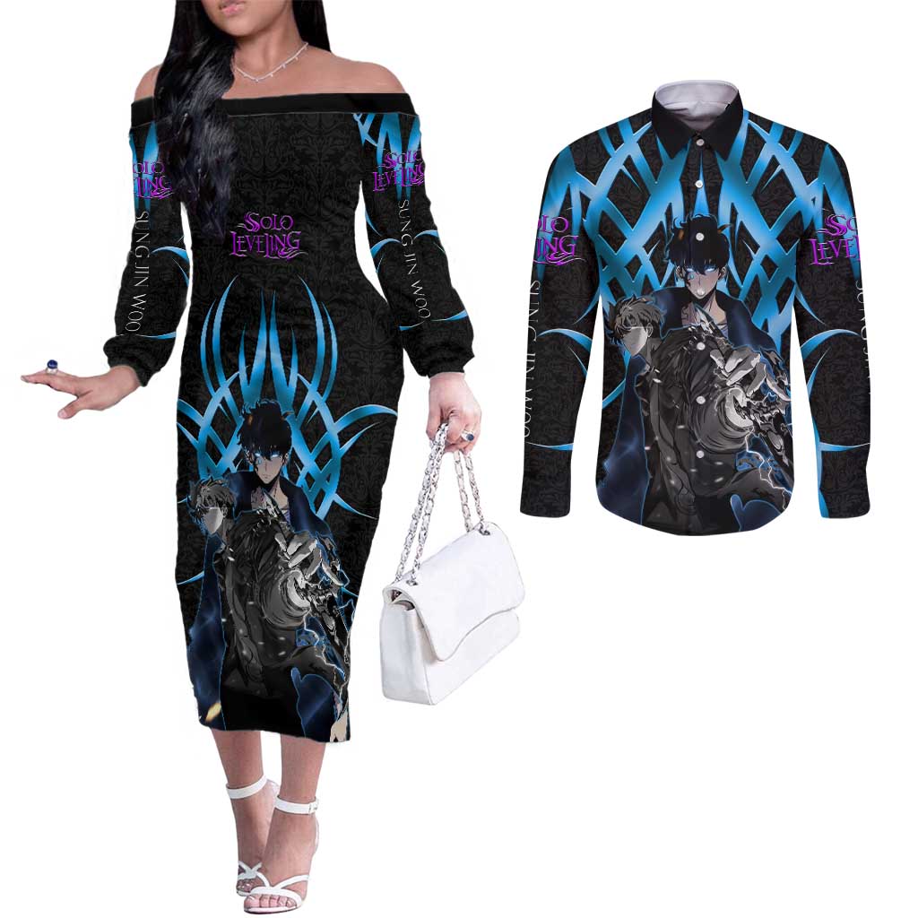 Sung Jin Woo Solo Leveling Couples Matching Off The Shoulder Long Sleeve Dress and Long Sleeve Button Shirt Neon Shadowcore Anime Style