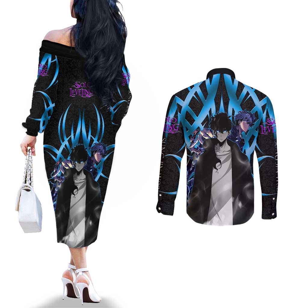 Sung Jin Woo Solo Leveling Couples Matching Off The Shoulder Long Sleeve Dress and Long Sleeve Button Shirt Neon Shadowcore Anime Style