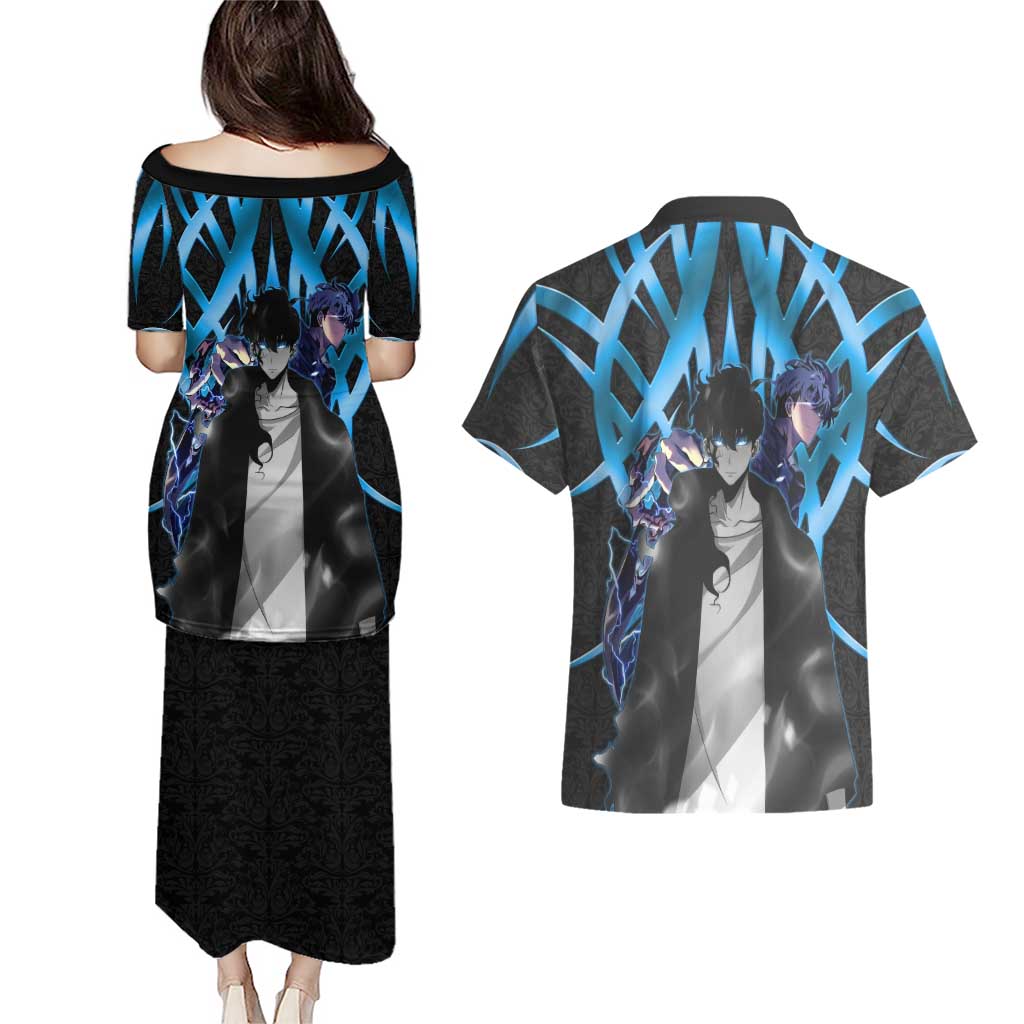 Sung Jin Woo Solo Leveling Couples Matching Puletasi and Hawaiian Shirt Neon Shadowcore Anime Style