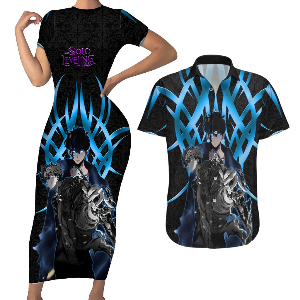 Sung Jin Woo Solo Leveling Couples Matching Short Sleeve Bodycon Dress and Hawaiian Shirt Neon Shadowcore Anime Style