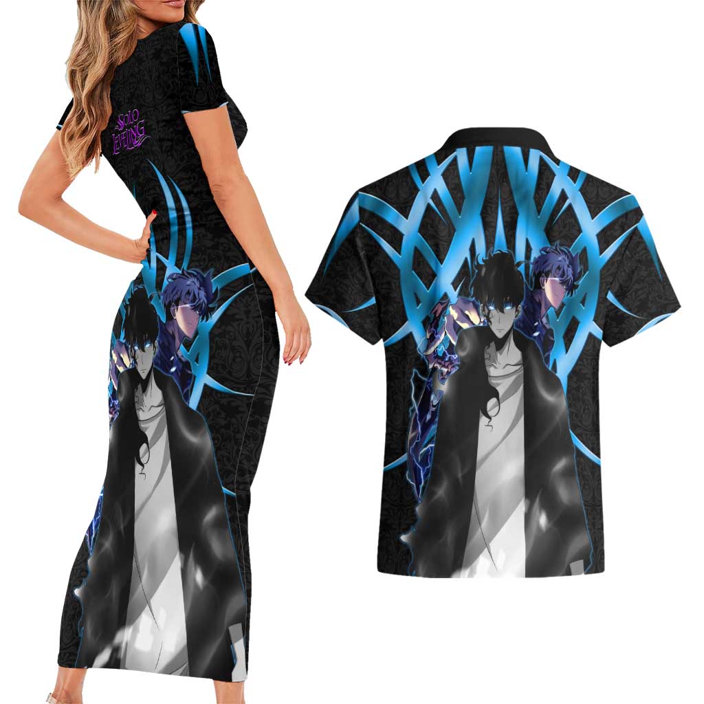Sung Jin Woo Solo Leveling Couples Matching Short Sleeve Bodycon Dress and Hawaiian Shirt Neon Shadowcore Anime Style