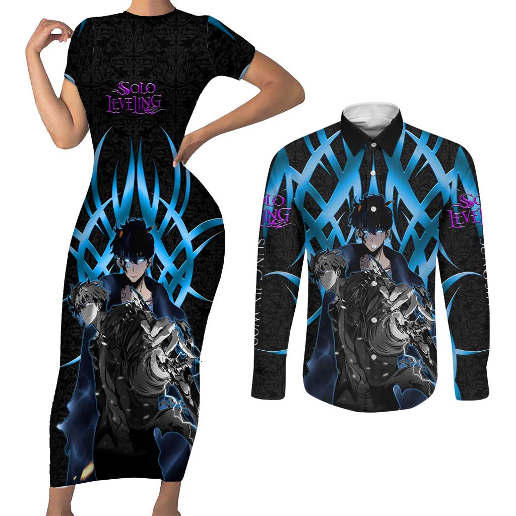 Sung Jin Woo Solo Leveling Couples Matching Short Sleeve Bodycon Dress and Long Sleeve Button Shirt Neon Shadowcore Anime Style